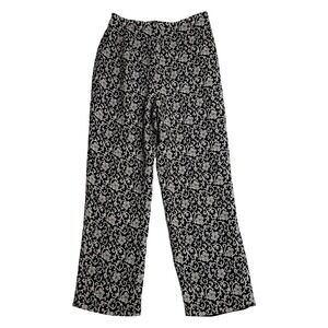 Talbots Pure Silk Floral Damask Wide Leg‎ Pants Black White Women Size 6P